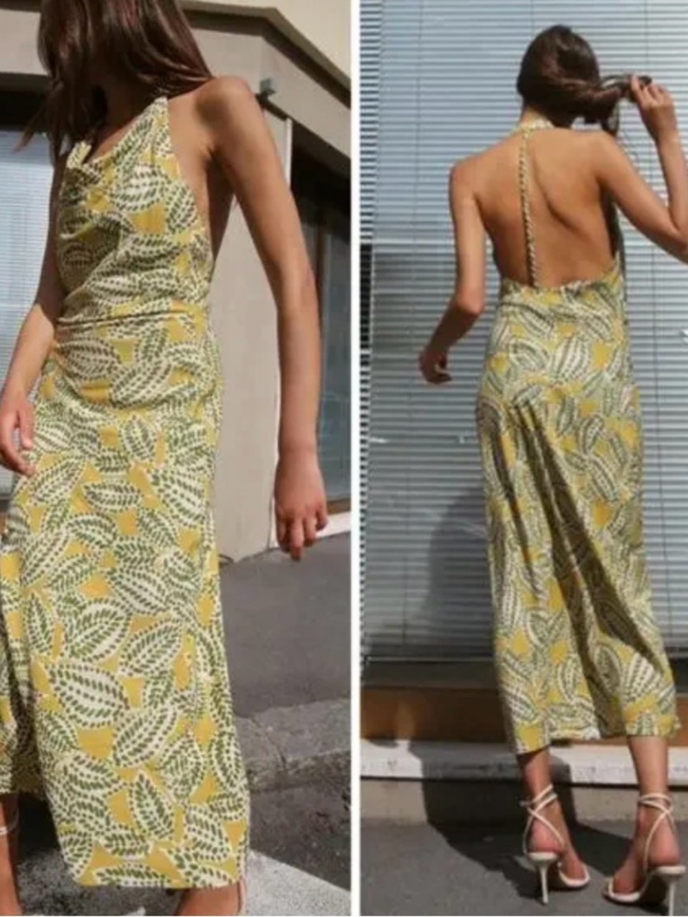 Zara Yellow & Green Leaf-Print Halter Midi Dress